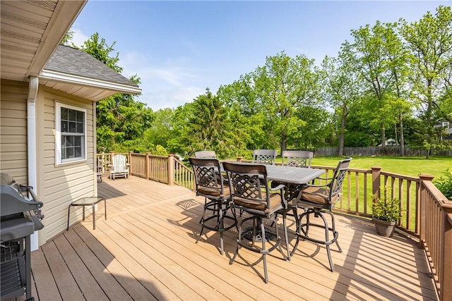 2 Princeton Ln, Perinton, NY 14450 - wooden deck with outdoor dining area, grilling area, and view of wooded area