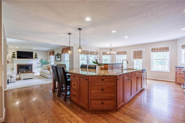 2 Princeton Ln, Perinton, NY 14450 - kitchen featuring brown cabinetry, a sink, light wood-style floors, stainless steel dishwasher, and a glass covered fireplace