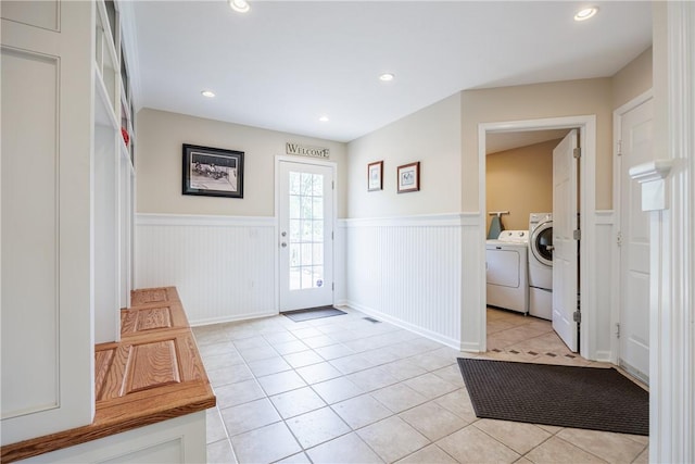 2 Princeton Ln, Perinton, NY 14450 - foyer featuring a wainscoted wall, washing machine and dryer, light tile patterned floors, and recessed lighting