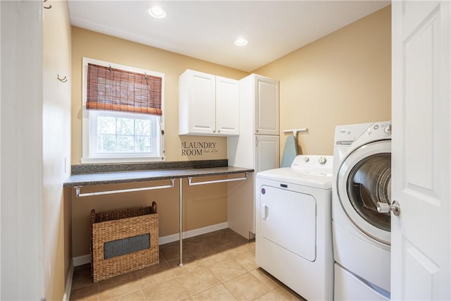 2 Princeton Ln, Perinton, NY 14450 - laundry area with cabinet space, washer and dryer, light tile patterned floors, and recessed lighting
