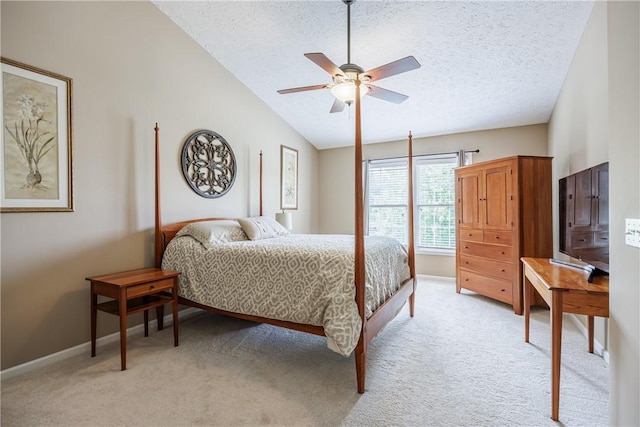 2 Princeton Ln, Perinton, NY 14450 - bedroom featuring light colored carpet, vaulted ceiling, a textured ceiling, baseboards, and ceiling fan