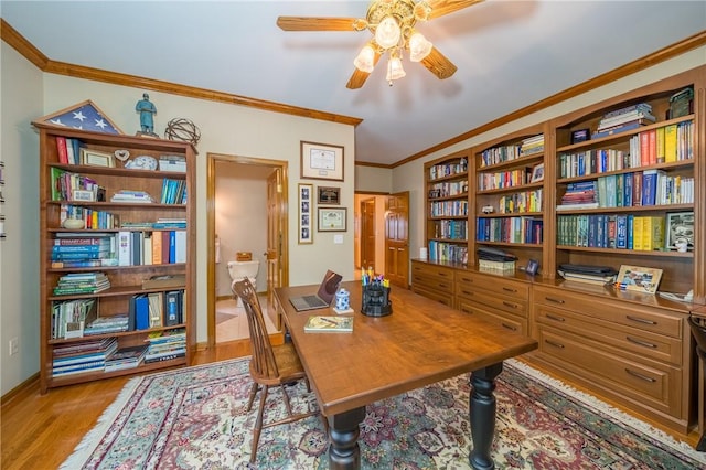 256 Queen Esther Dr, Sayre, PA 18840 - home office featuring a ceiling fan, wood finished floors, ornamental molding, and baseboards