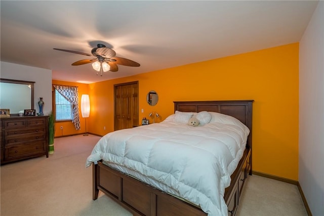 256 Queen Esther Dr, Sayre, PA 18840 - bedroom featuring light carpet, baseboards, and a ceiling fan
