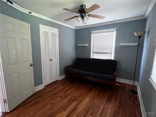 226 Darlington Rd, Syracuse, NY 13208 - sitting room with ornamental molding, wood finished floors, baseboards, and a ceiling fan