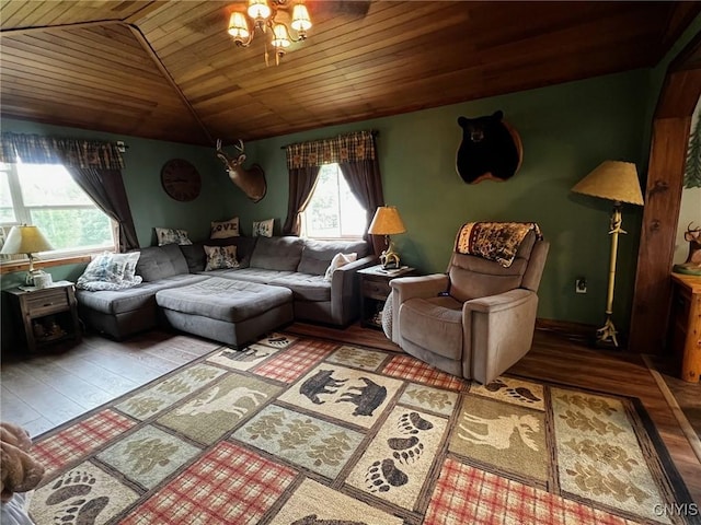 8 Office Rd, Fowler, NY 13642 - living room featuring wood ceiling, wood finished floors, vaulted ceiling, and a chandelier