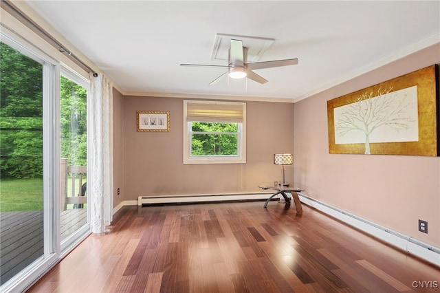 4287 Stepping Stone Ln, Clay, NY 13090 - empty room with wood finished floors, a ceiling fan, baseboards, and crown molding