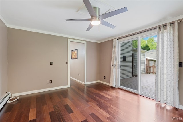 4287 Stepping Stone Ln, Clay, NY 13090 - empty room featuring wood finished floors, baseboards, a ceiling fan, baseboard heating, and ornamental molding
