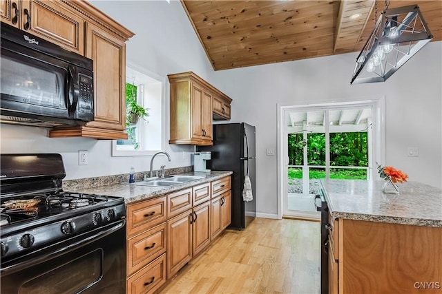 3838 Dawes Ave, Kirkland, NY 13323 - kitchen with black appliances, light wood finished floors, brown cabinetry, a sink, and wood ceiling