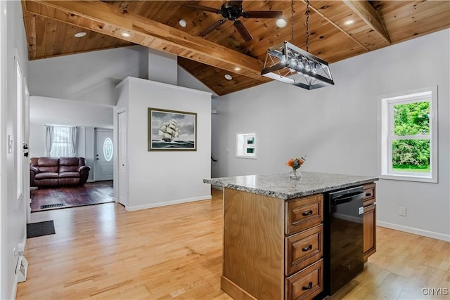 3838 Dawes Ave, Kirkland, NY 13323 - kitchen with wood ceiling with exposed beams, dishwasher, light wood-type flooring, ceiling fan, and open floor plan