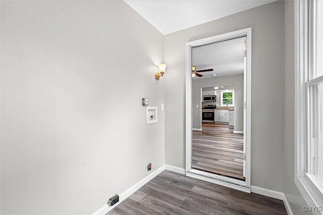308 Lewis St, Syracuse, NY 13204 - laundry room featuring dark wood finished floors, hookup for a washing machine, baseboards, and a ceiling fan