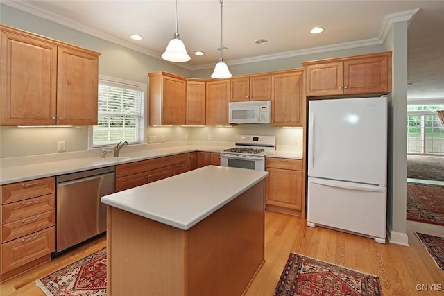 207 Falling Brook Path, Manlius, NY 13066 - kitchen with white appliances, a sink, crown molding, hanging light fixtures, and light wood-type flooring