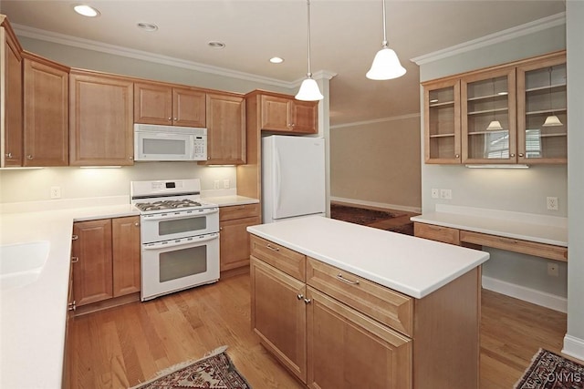 207 Falling Brook Path, Manlius, NY 13066 - kitchen with white appliances, ornamental molding, light wood finished floors, glass insert cabinets, and pendant lighting