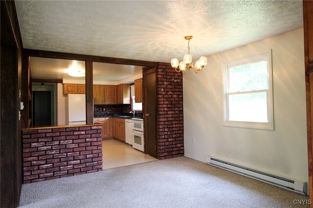 465 Blanding Rd, Sherburne, NY 13460 - kitchen with a baseboard radiator, a chandelier, a textured ceiling, a sink, and light colored carpet