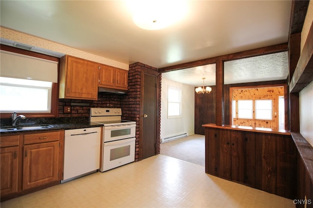 465 Blanding Rd, Sherburne, NY 13460 - kitchen featuring white appliances, a sink, a baseboard heating unit, under cabinet range hood, and a chandelier