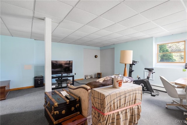 5750 Sentinel Heights Rd, Onondaga, NY 13078 - carpeted living room with a drop ceiling, a baseboard heating unit, and baseboards