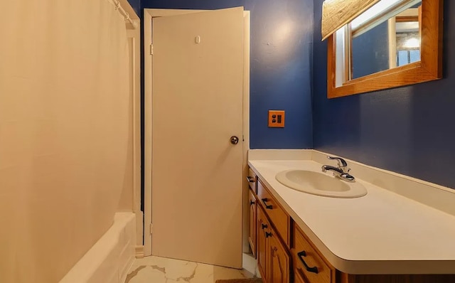 58 Mayflower St, Rochester, NY 14615 - full bath with vanity, marble finish flooring, and shower / tub combo with curtain