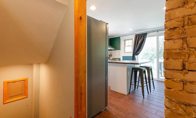 58 Mayflower St, Rochester, NY 14615 - kitchen with freestanding refrigerator, wood finished floors, and recessed lighting