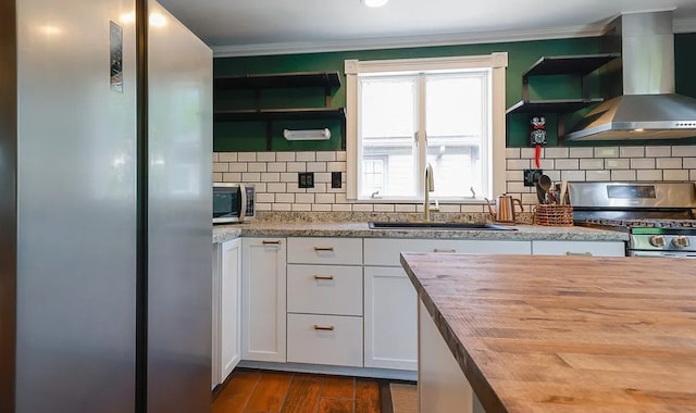 58 Mayflower St, Rochester, NY 14615 - kitchen featuring stainless steel appliances, wall chimney range hood, open shelves, ornamental molding, and a sink