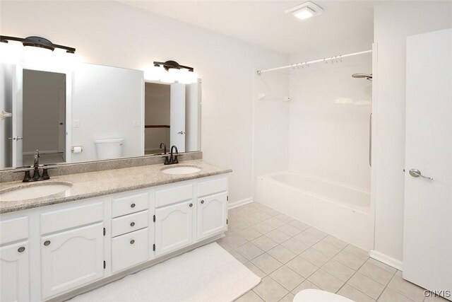 442 Summerhaven Dr N, Manlius, NY 13057 - bathroom with toilet, tile patterned flooring, double vanity, bathtub / shower combination, and baseboards