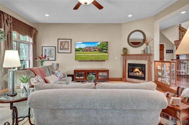 81 Hidden Oaks Ct, Grand Island, NY 14072 - living area featuring ceiling fan, recessed lighting, a tile fireplace, and baseboards