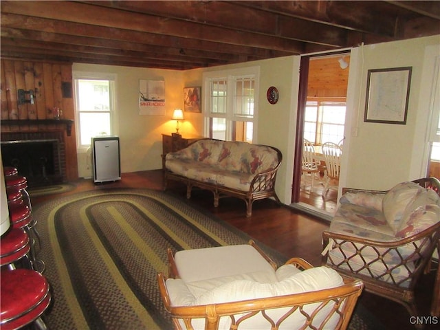 250 Pine Grove Rd Unit 3, Richland, NY 13142 - living room featuring beam ceiling, wood finished floors, and a fireplace
