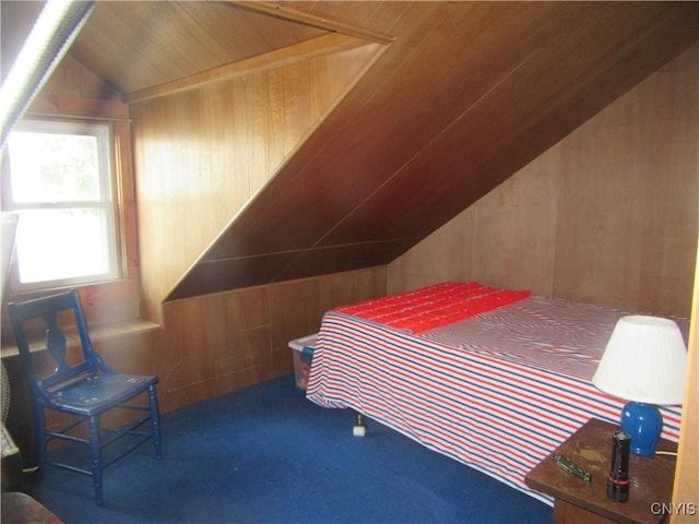 250 Pine Grove Rd Unit 3, Richland, NY 13142 - carpeted bedroom with lofted ceiling, wood walls, and wood ceiling