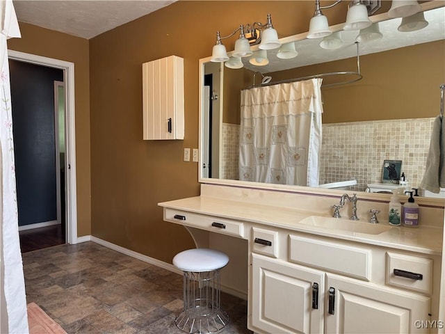 236 Harry Bryant Rd, Amboy, NY 13493 - bathroom with stone finish flooring, vanity, baseboards, and a shower with shower curtain