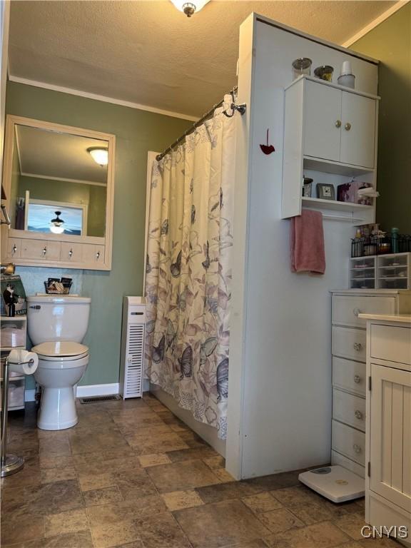 236 Harry Bryant Rd, Amboy, NY 13493 - full bathroom with toilet, a shower with shower curtain, stone finish flooring, and crown molding