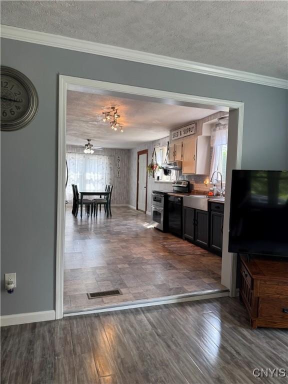 236 Harry Bryant Rd, Amboy, NY 13493 - kitchen with a sink, a textured ceiling, black dishwasher, baseboards, and dark wood finished floors