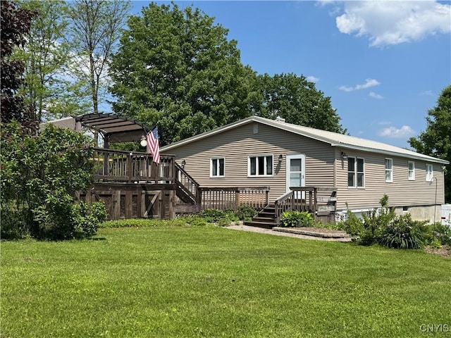 236 Harry Bryant Rd, Amboy, NY 13493 - rear view of property with a wooden deck, a yard, and stairs