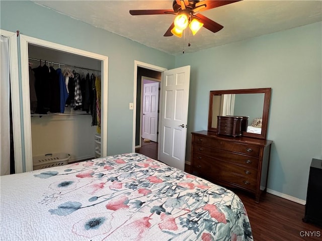 236 Harry Bryant Rd, Amboy, NY 13493 - bedroom featuring a closet, dark wood-type flooring, baseboards, and a ceiling fan