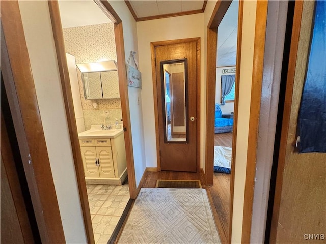 104 Lansdale Rd, Dewitt, NY 13057 - hall featuring light wood-type flooring, crown molding, and a sink