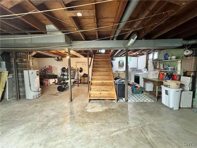 104 Lansdale Rd, Dewitt, NY 13057 - unfinished basement with gas water heater, stairs, washing machine and dryer, and electric panel