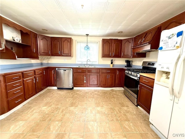 306 Seymour St, Auburn, NY 13021 - kitchen with stainless steel appliances, a sink, hanging light fixtures, open shelves, and light countertops