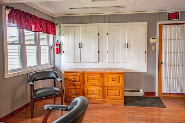 94 Main St, Stamford, NY 12167 - sitting room with a baseboard heating unit, healthy amount of natural light, light wood-type flooring, and wooden walls