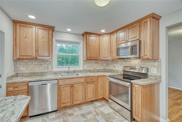 54 Hillary Dr, Chili, NY 14624 - kitchen with appliances with stainless steel finishes, a sink, light countertops, decorative backsplash, and recessed lighting