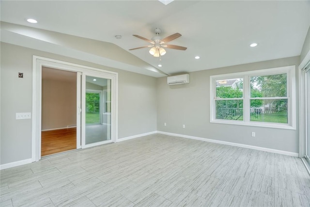 54 Hillary Dr, Chili, NY 14624 - unfurnished room with a wall unit AC, ceiling fan, vaulted ceiling, baseboards, and recessed lighting