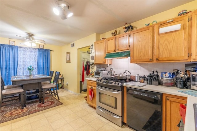 286 Troup St, Rochester, NY 14608 - kitchen featuring dishwasher, stainless steel range with gas stovetop, under cabinet range hood, light countertops, and tasteful backsplash