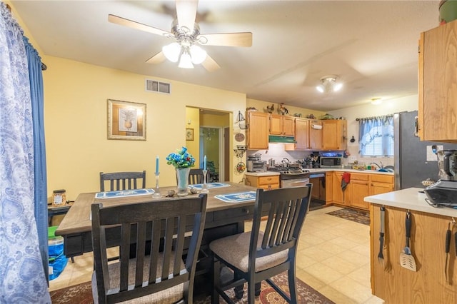 286 Troup St, Rochester, NY 14608 - kitchen with appliances with stainless steel finishes, under cabinet range hood, light countertops, and ceiling fan