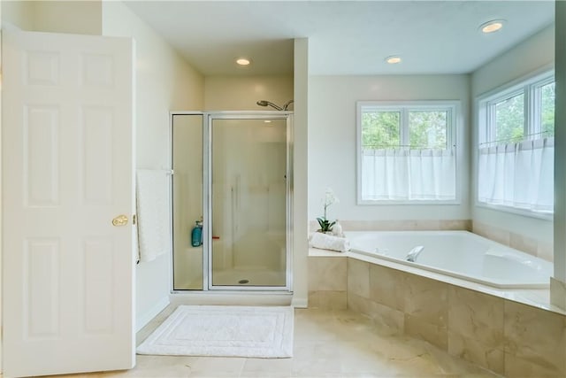 863 Rolins Run, Webster, NY 14580 - bathroom featuring a shower stall, a bath, recessed lighting, and tile patterned flooring