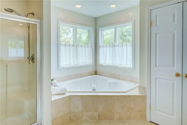 863 Rolins Run, Webster, NY 14580 - bathroom with a shower stall, a bath, and recessed lighting