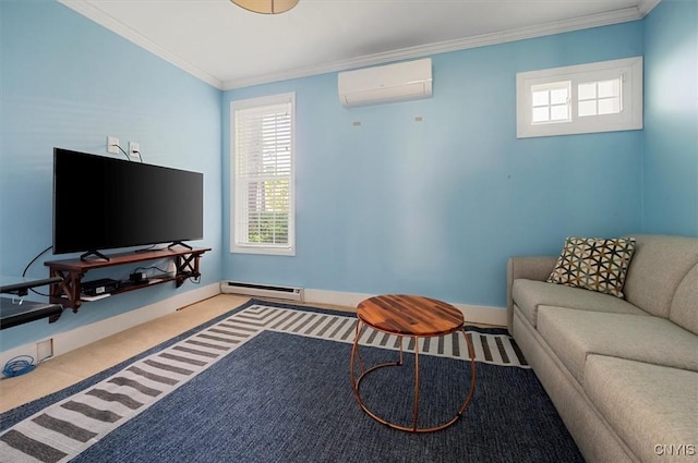 53 University Ave, Hamilton, NY 13346 - carpeted living room featuring a wall mounted air conditioner, ornamental molding, a baseboard heating unit, and baseboards