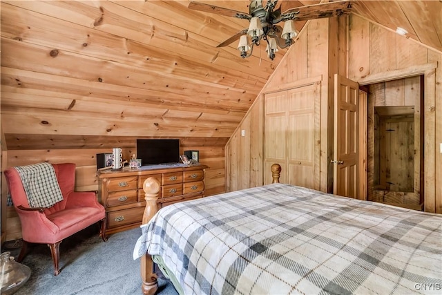 6372 George Hill Rd, Watson, NY 13343 - bedroom with lofted ceiling, carpet flooring, wood walls, wood ceiling, and a closet