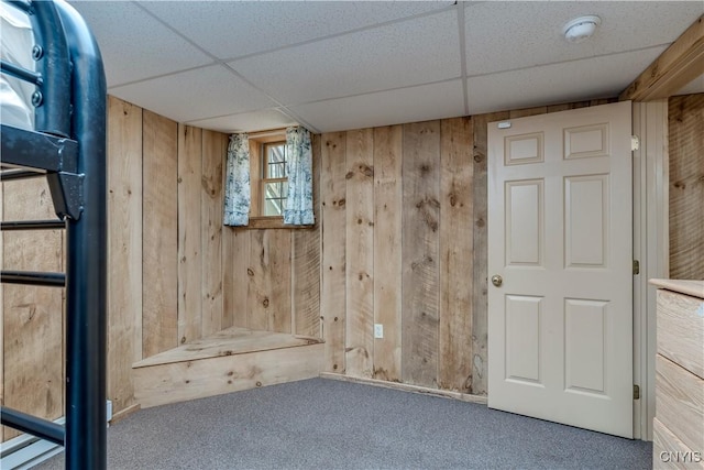 6372 George Hill Rd, Watson, NY 13343 - below grade area featuring wooden walls, carpet flooring, and a paneled ceiling