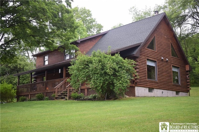 6615 Java Lake Rd, Arcade, NY 14009 - back of property with log exterior, a lawn, and a shingled roof