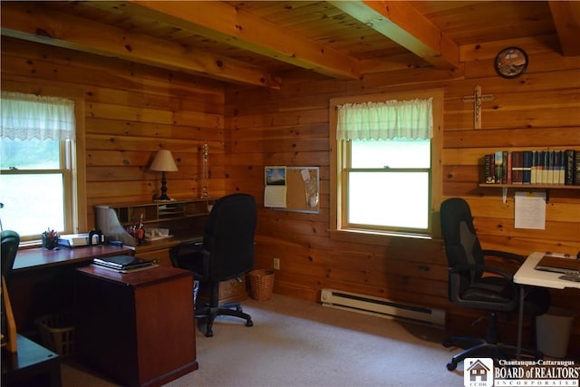 6615 Java Lake Rd, Arcade, NY 14009 - carpeted office space featuring a baseboard radiator, wood walls, and wooden ceiling with exposed beams
