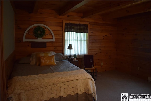 6615 Java Lake Rd, Arcade, NY 14009 - bedroom featuring wood walls, wood ceiling with exposed beams, and carpet