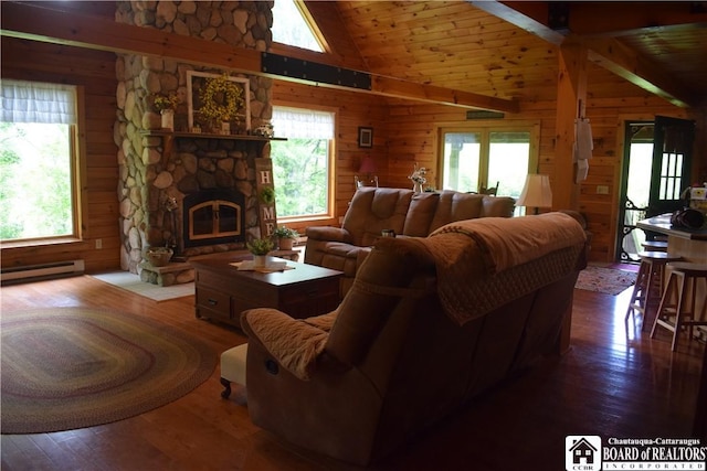 6615 Java Lake Rd, Arcade, NY 14009 - living room featuring a baseboard radiator, hardwood / wood-style floors, wood walls, a stone fireplace, and high vaulted ceiling