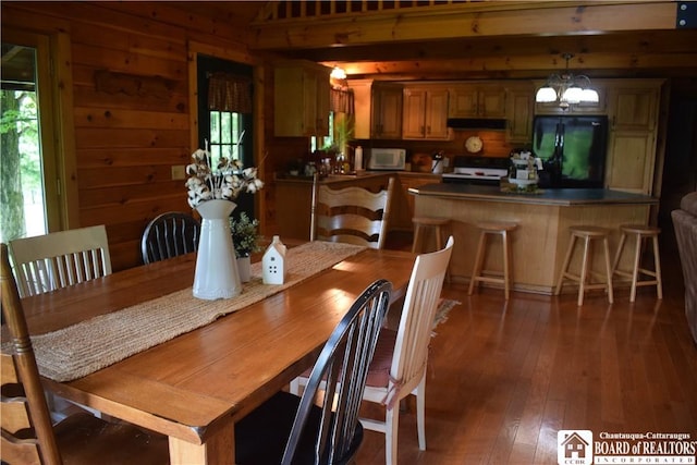 6615 Java Lake Rd, Arcade, NY 14009 - dining space with a chandelier, wood-type flooring, and wood walls