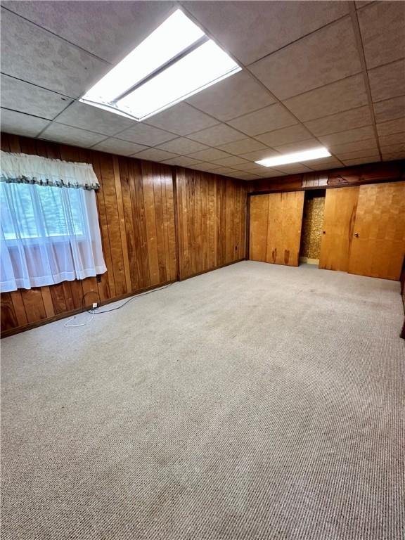 6956 E Washington St, Bath, NY 14810 - carpeted spare room with wood walls and a drop ceiling